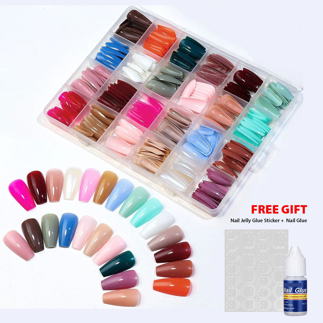 576Pcs False Nails Tips Short Coffin Almond French Artificial Nails Box (with Free Nail Jelly Glue Sticker + Nail Glue)
