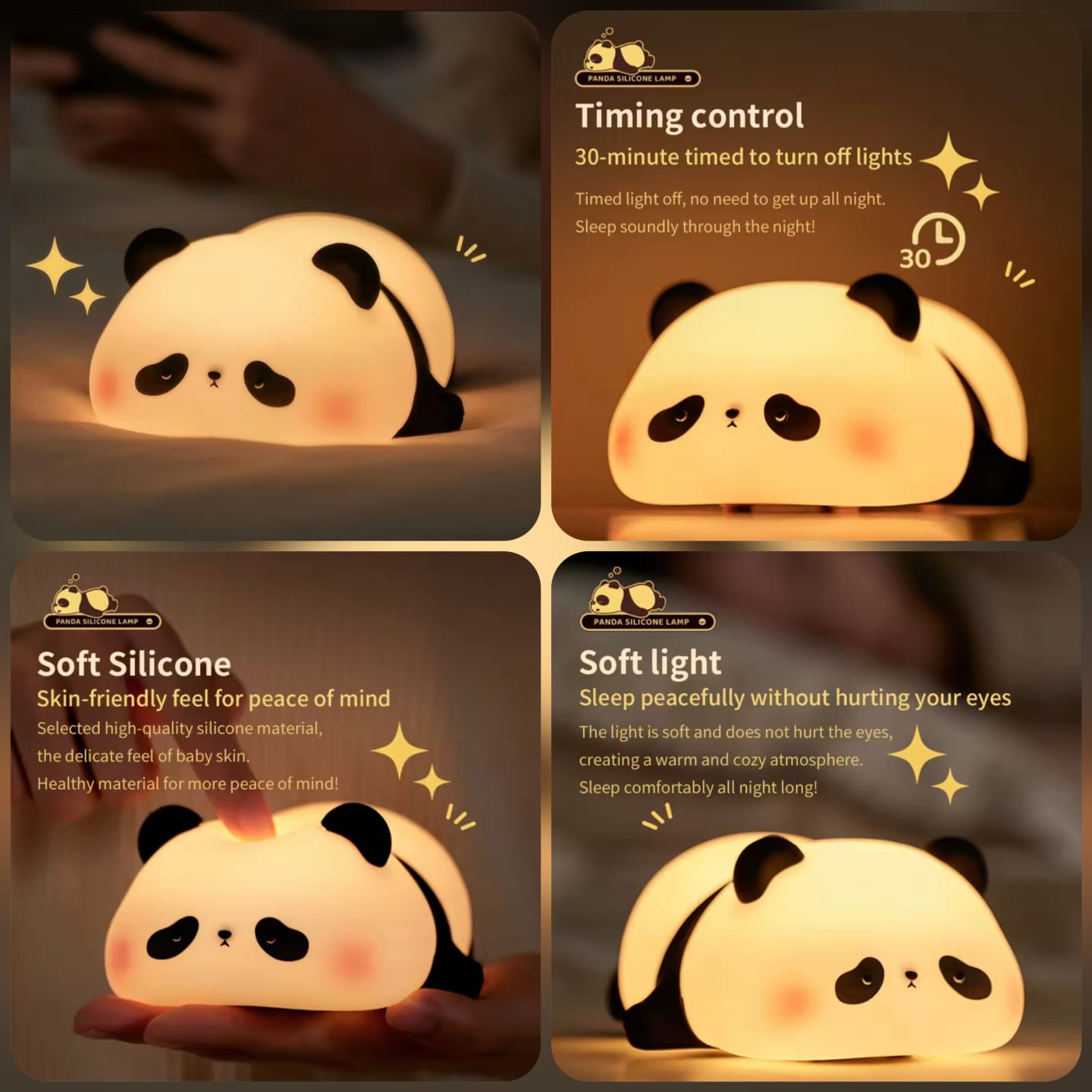 Panda LED Night Light Cute Silicone Night Light USB Rechargeable Touch Night Lamp Bedroom Timing Lamp Decoration Children's Gift