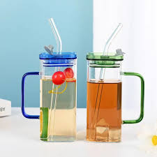 Ribbed & Round Glass Slipper Juice Glass Tumbler Can Lid With Glass Straw Square Glass & Transparent Mugs