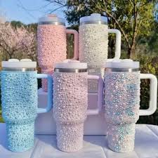 40oz Stainless Steel Pearls Rhinestone Tumbler With  Handle 1200ML