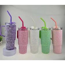 40oz Stainless Steel Pearls Rhinestone Tumbler With  Handle 1200ML
